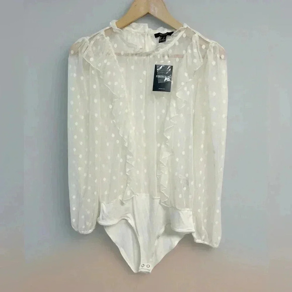 Mesh Lace Victorian High Frill Neck Bodysuit Cream Size Large NWT - Picture 7 of 7